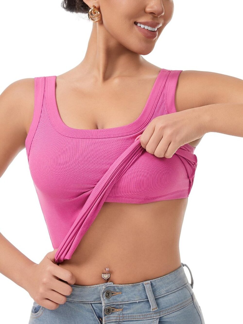 New Women's Ribbed U-Neck Wide Strap Crop Sports Tank Top with Padded, Slim Fit